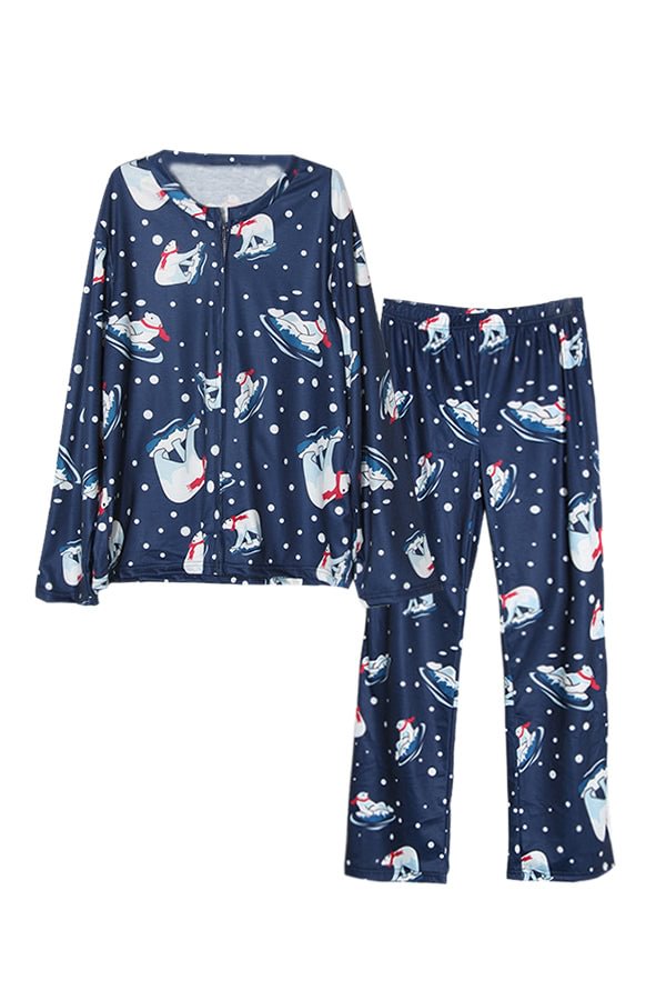 Mens Bear Printed Long Sleeve Family Christmas Pajama Set Navy Blue-elleschic