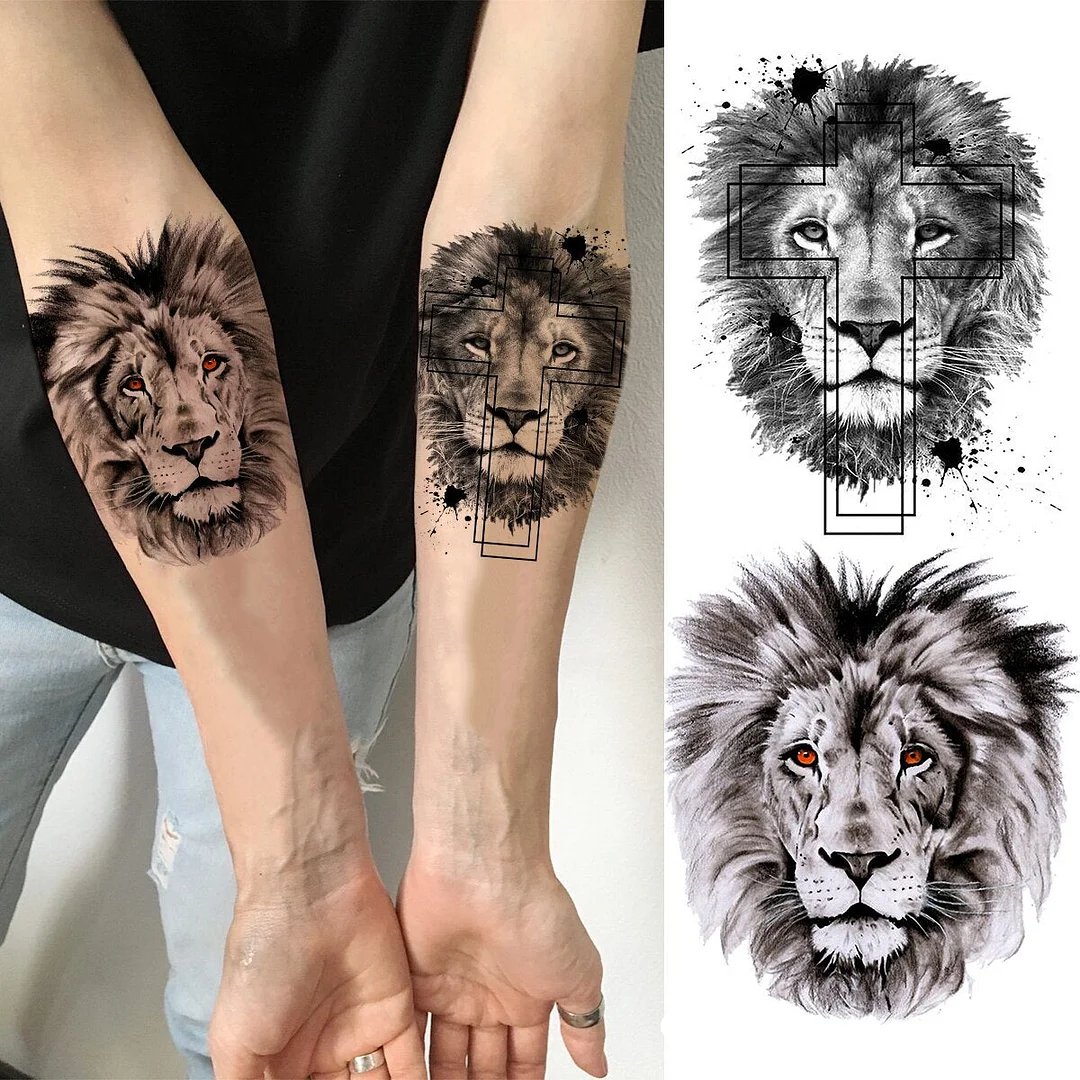 Black Lion Fashion Calf Temporary Tattoos For Women Adult Men Lion Geometric Owl Fake Tattoo Realistic Body Art Decoration Tatoo