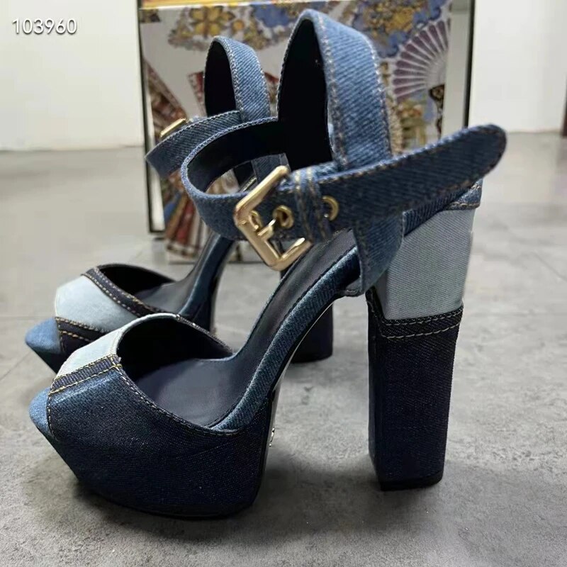Blue Denim Platform Sandals Woman Open Toe Mixed Color High Heels Pumps Women Party Shoes