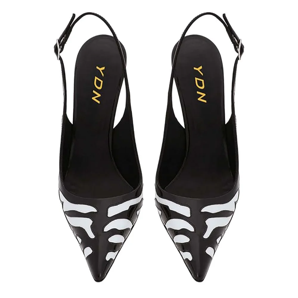Women's Black & White Patchwork Inlay Pointed Toe Slingback Pumps