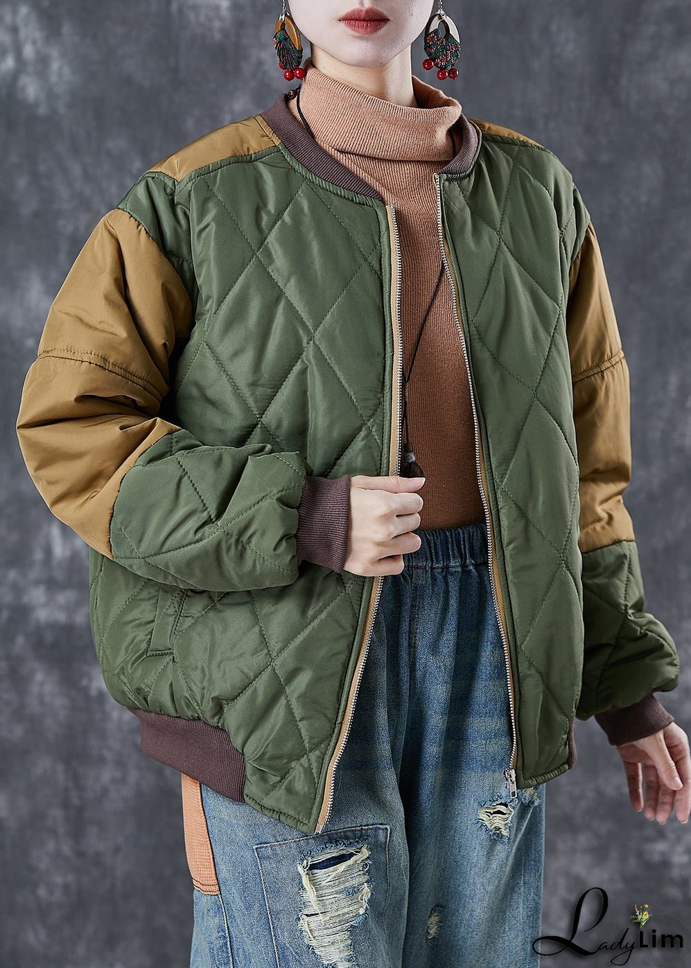 Art Army Green Zip Up Patchwork Fine Cotton Filled Parkas Winter