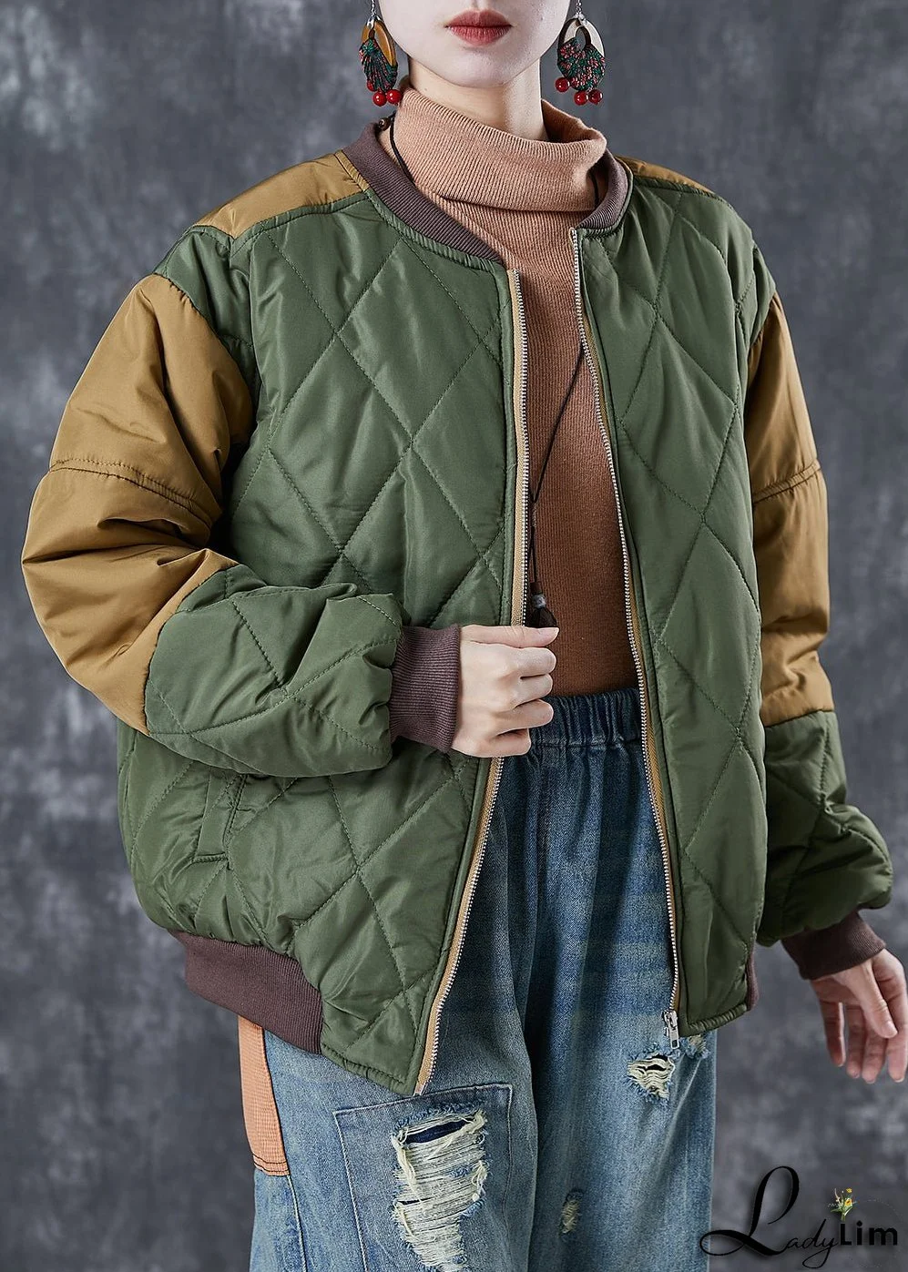 Art Army Green Zip Up Patchwork Fine Cotton Filled Parkas Winter