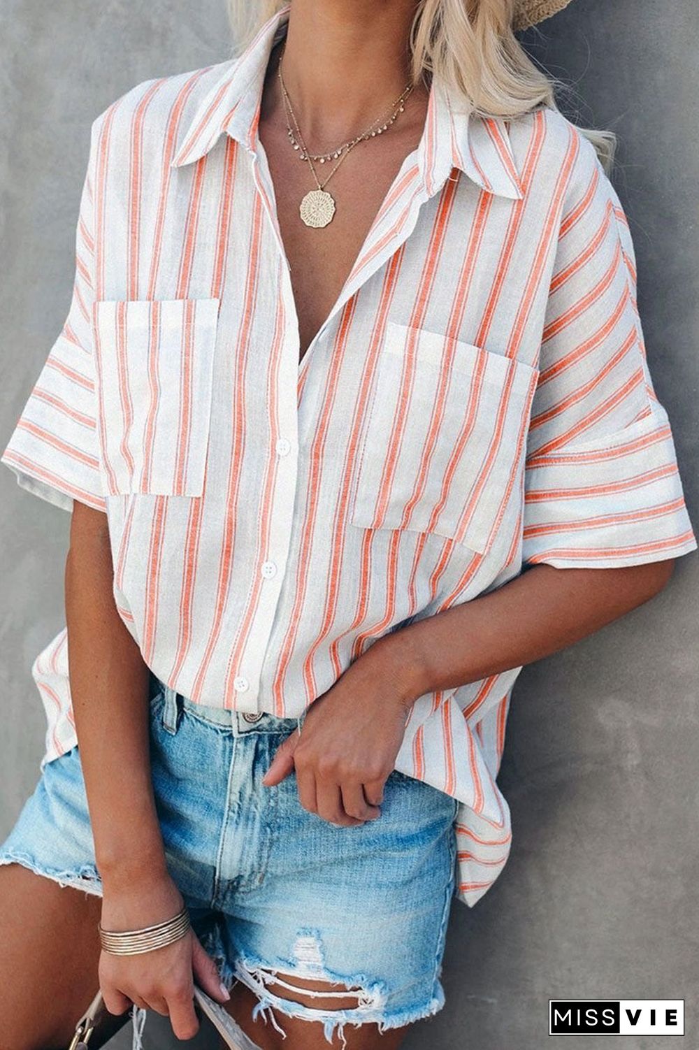 Fashion Striped Split Joint Turndown Collar Tops(4 Colors)