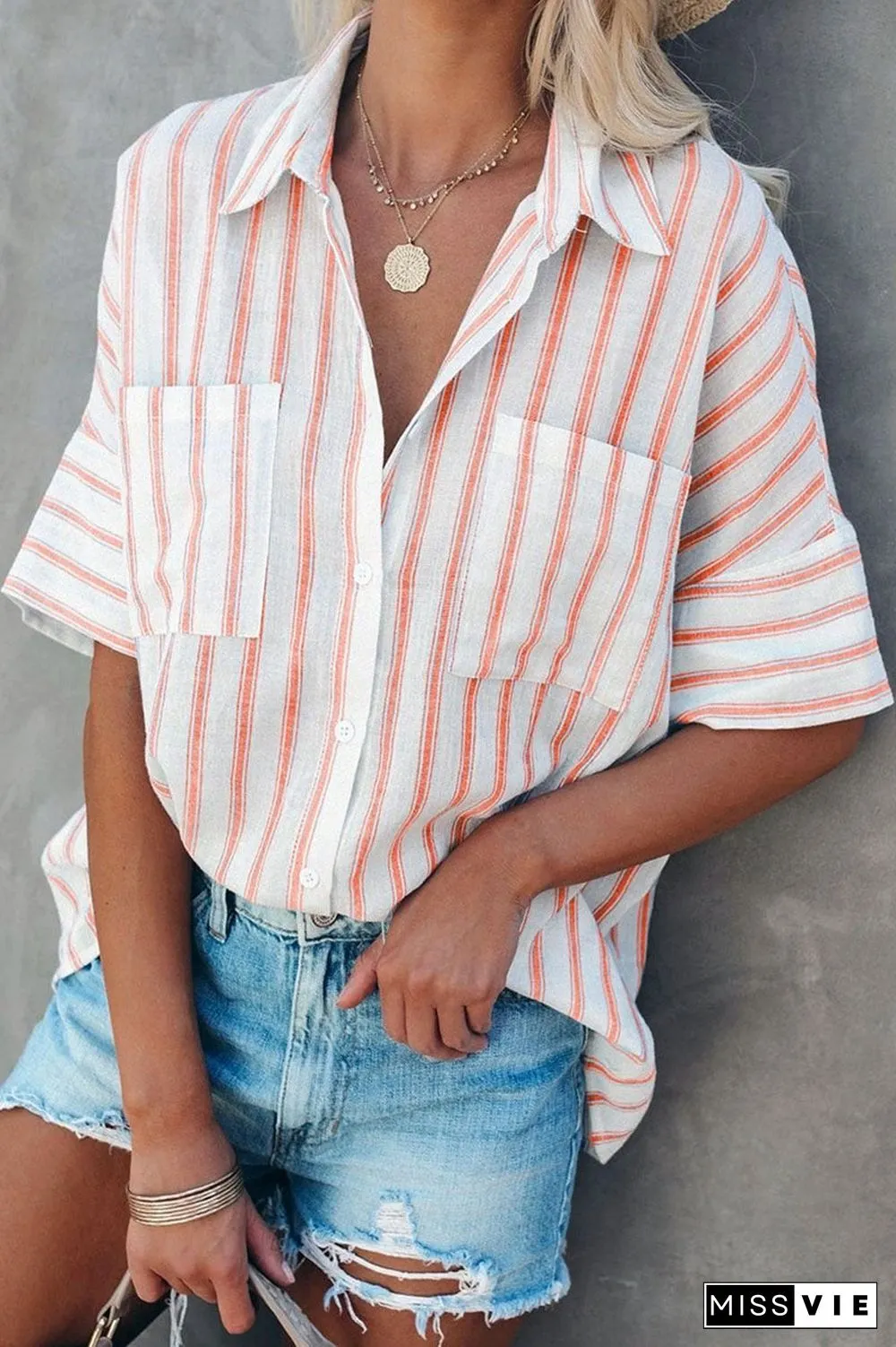 Fashion Striped Split Joint Turndown Collar Tops(4 Colors)