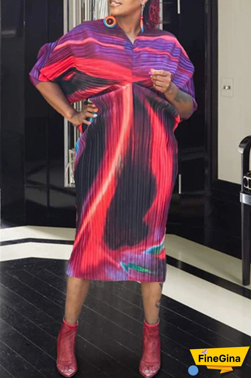 Pink Purple Casual Print Patchwork V Neck Pencil Skirt Plus Size Dresses