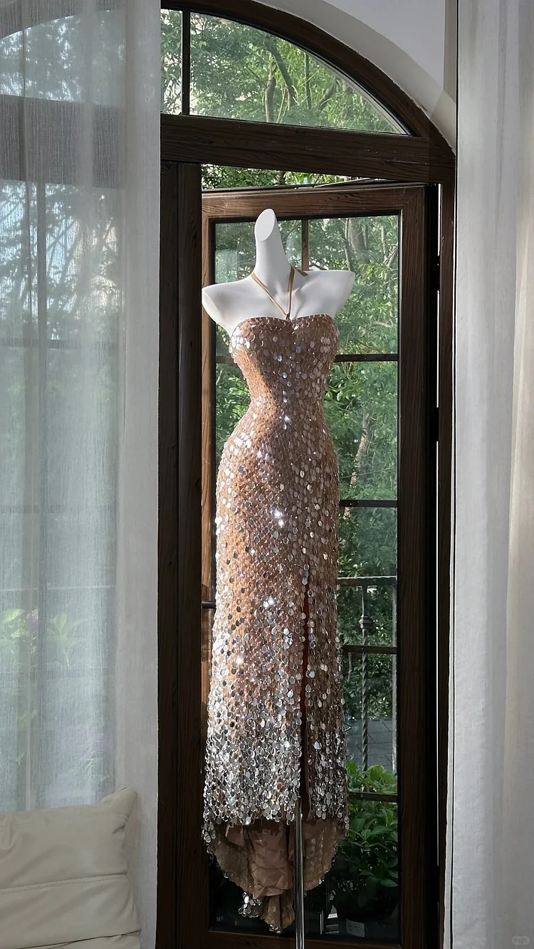 Brown Shiny Elegant Long Sequined Tulle Ball Gown Evening Dress Party Dress
