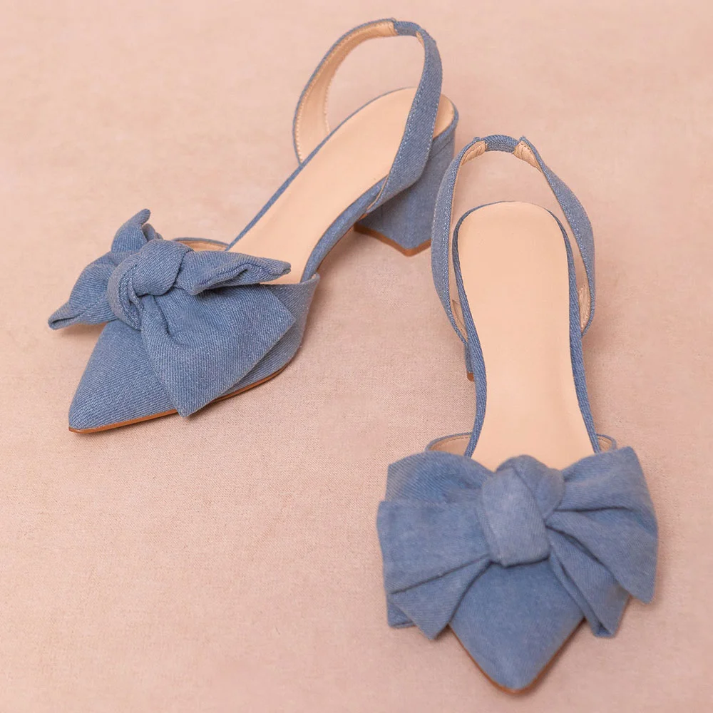 Elegant Blue Denim Pointed Toe Slingback Heels with Bow Accent