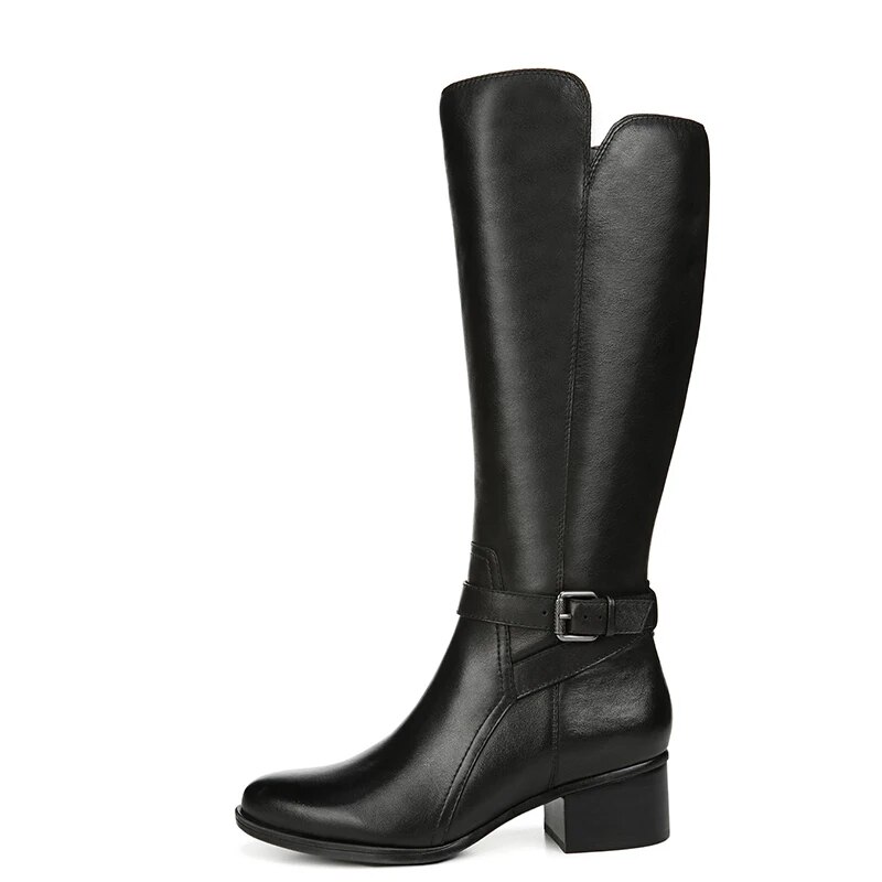 TAAFO Black Riding Knee Long Boots Women High Chunky Heels Almond Toe Zipper Ladies Buckle Strap Shoes
