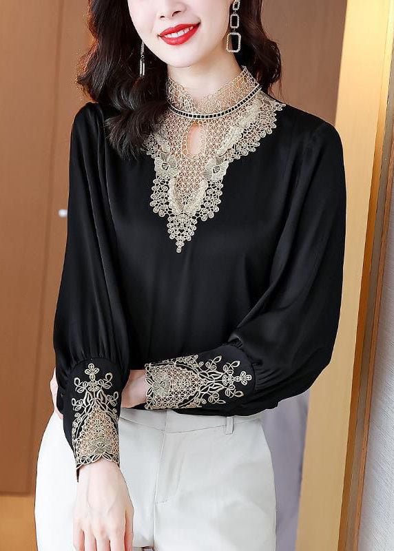Elegant Black Stand Collar Embroideried Patchwork Chiffon Blouse Top Long Sleeve