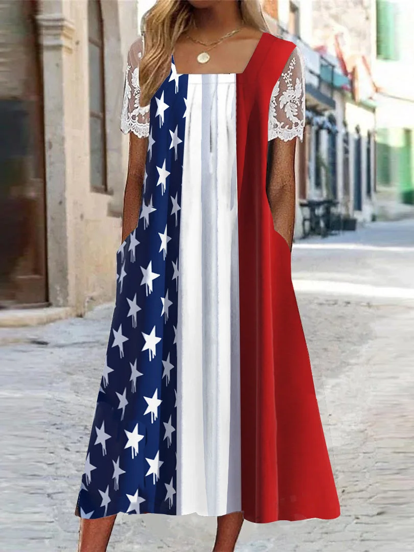Women's Short Sleeve Square Collar Independence Day Graphic Printed Lace Stitching Midi Dress