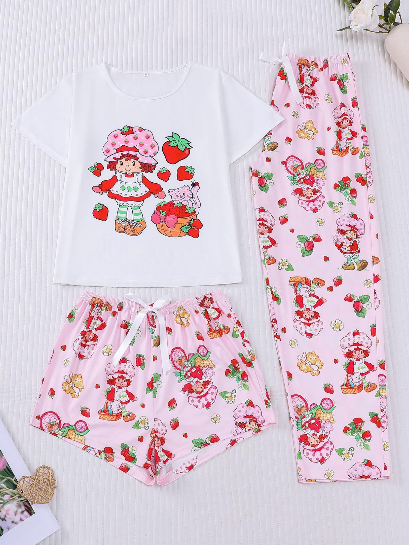 Women's Casual Cute Strawberry Print 3 Piece Pajama Set, Soft Short Sleeve Top & Relaxed Fit Shorts & Pants, Stylish Sleepwear for Everyday Wear and Festive Occasions