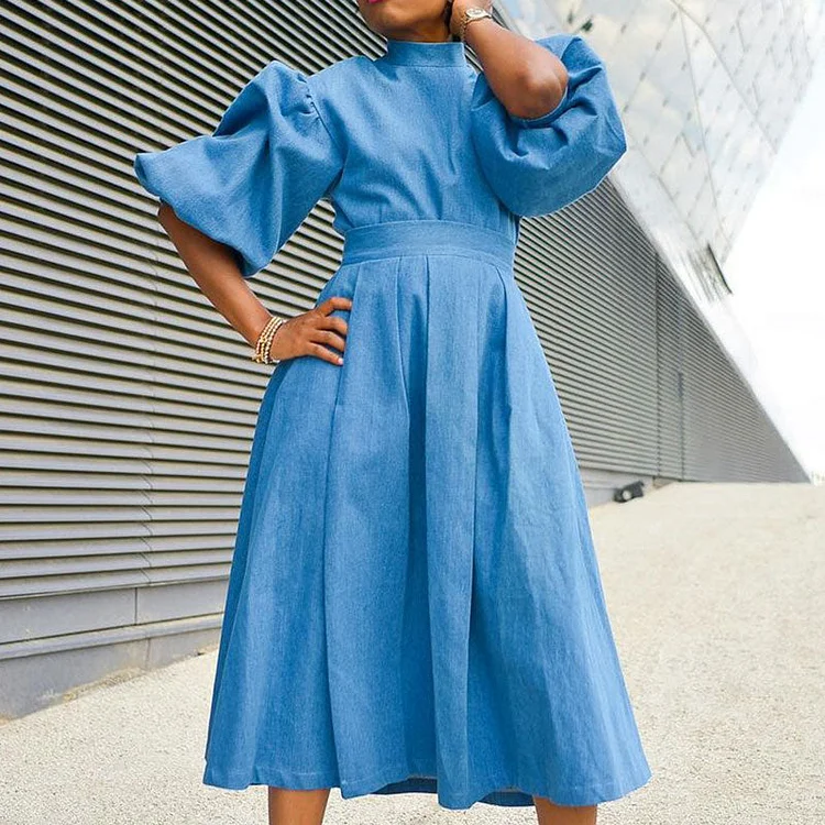 Solid Turtleneck Puff Sleeve A Line Midi Dress - IRBOOM Fashion Clothing