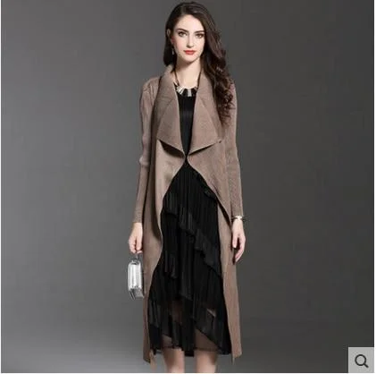 Women Fashion Pleated Long Windbreaker Turn Down Collar Open Cardigan Black Green Gray Red Khaki  Female Clothing Coat Shawl