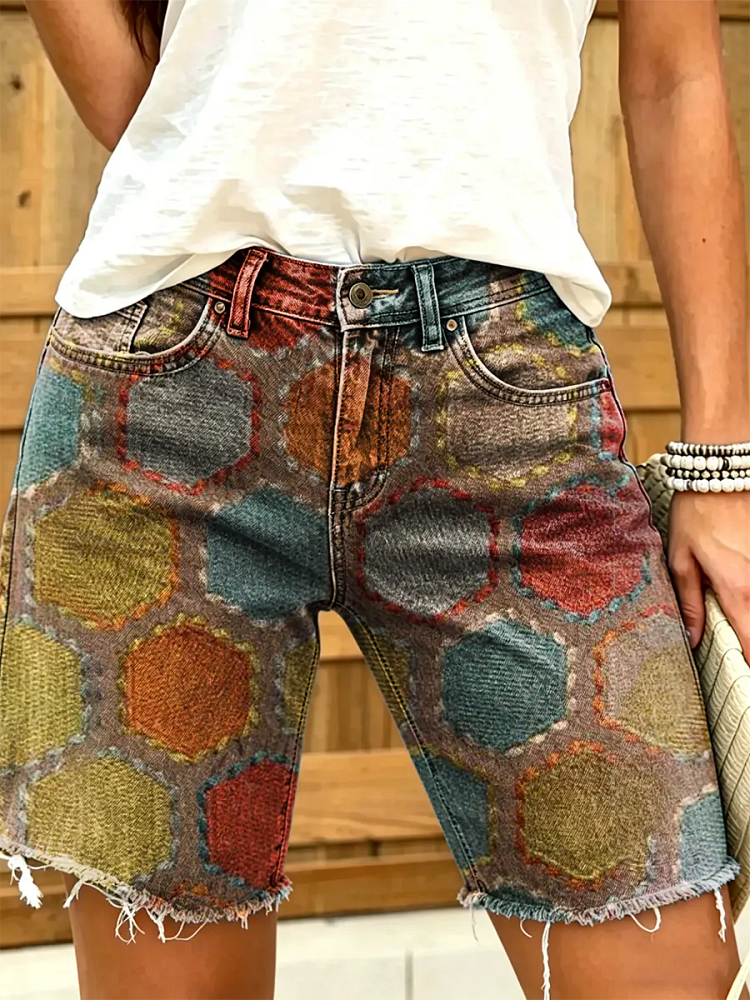 Women's Colorful Geometric Print Denim Shorts