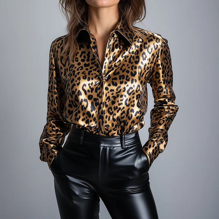Ursime Leopard Pattern Satin Shirt Collar Button Long Sleeve Blouse