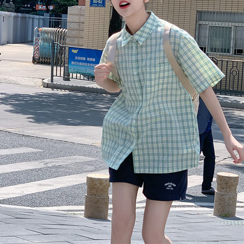 Zingj Zingj Loose Green Plaid Short-Sleeved Shirt Female Summer Design Sense Small Minority Lapel Shirt Thin Coat Tide