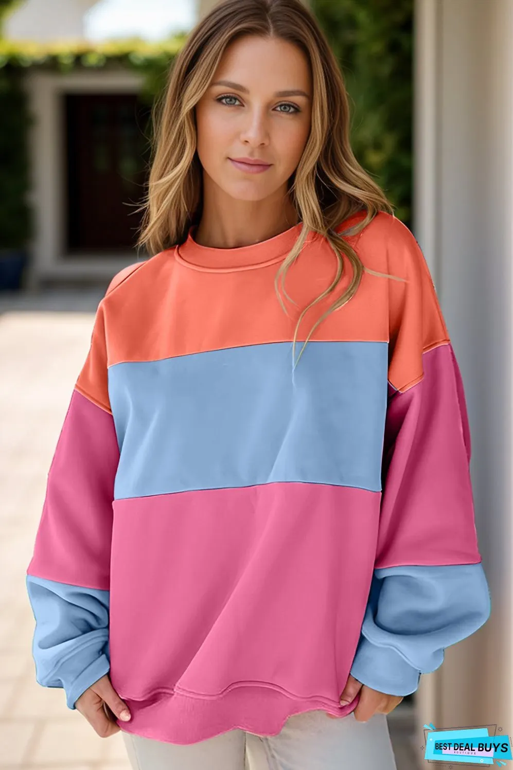 Color Block Round Neck Long Sleeve Sweatshirt