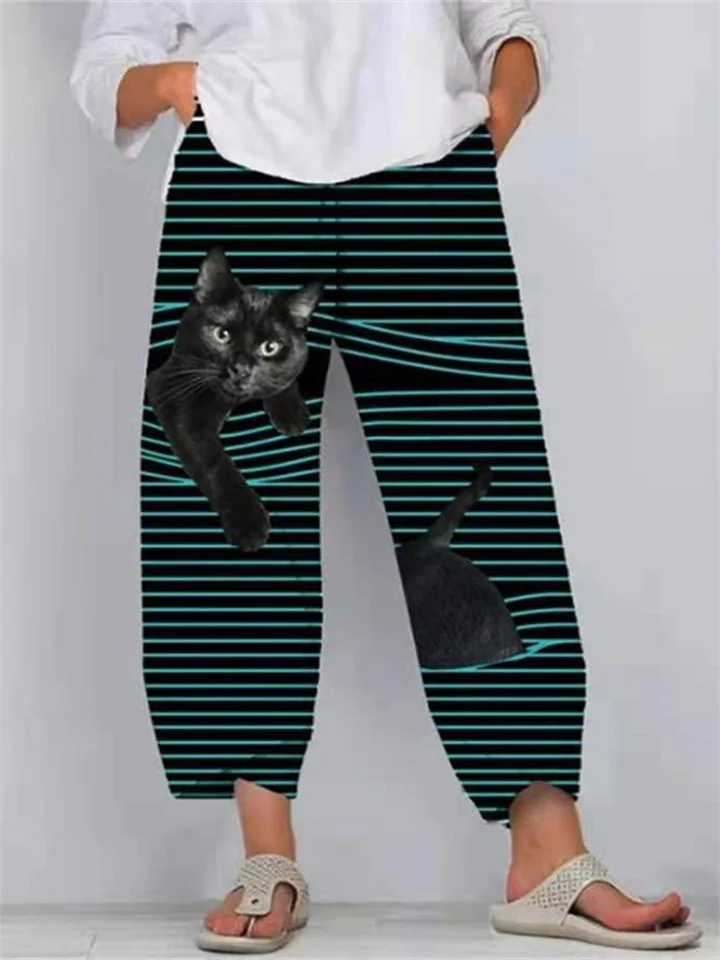 Women's Striped Casual Pants 3D Cartoon Animal Pattern Nine-quarter Pants S M L XL 2XL 3XL 4XL 5XL