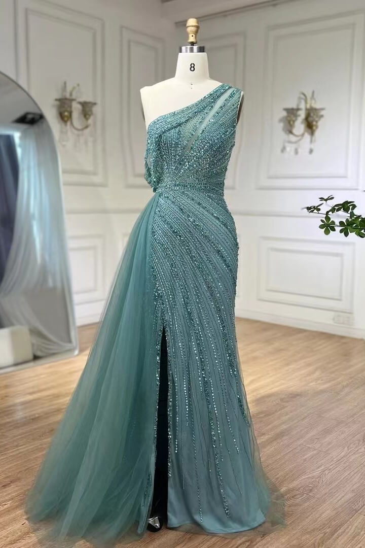 Bellasprom Dusty Sage One Shoulder Sleeveless Mermaid Prom Dress With Split Ruffles Beadings Bellasprom