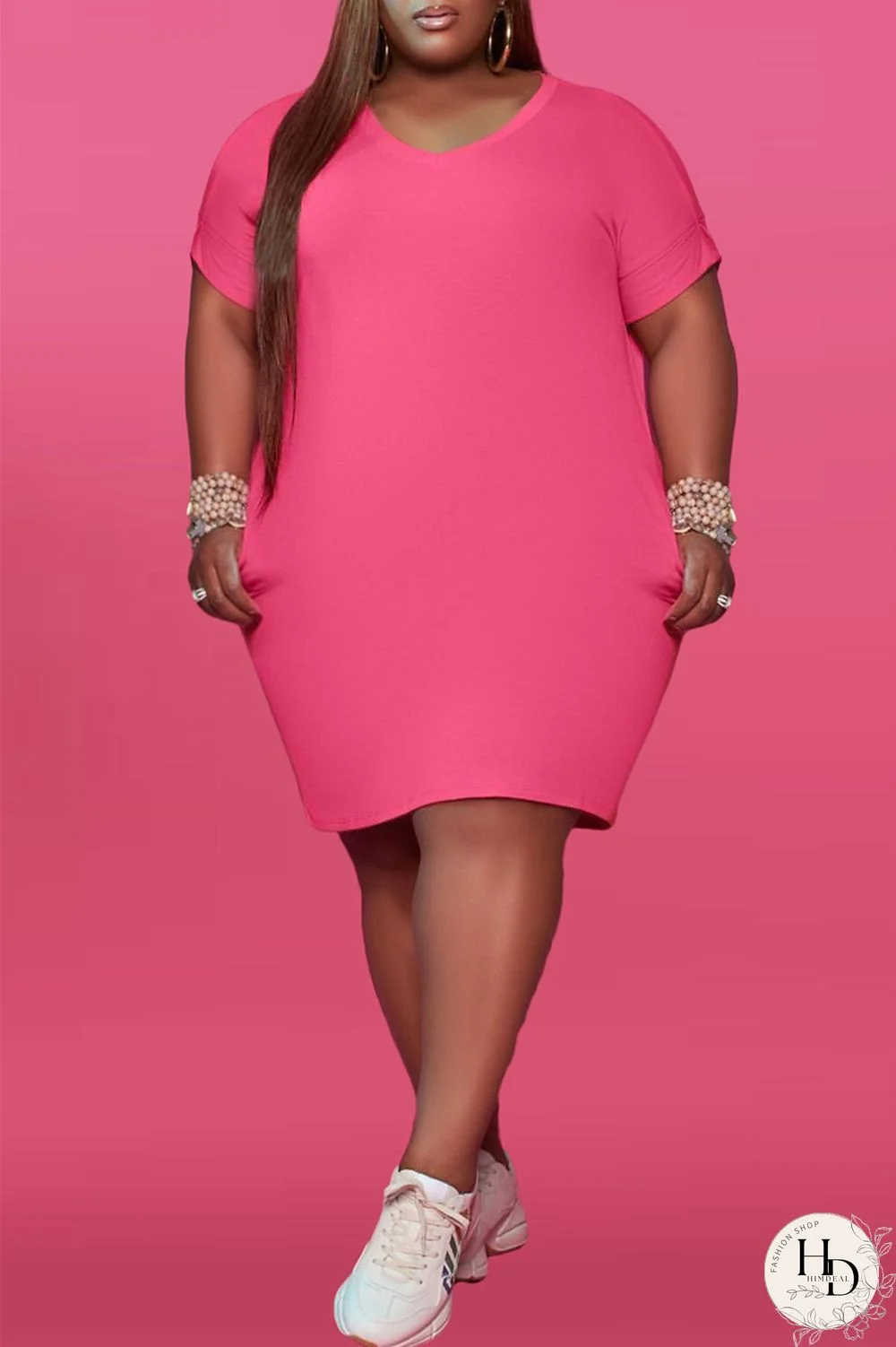 Red Fashion Casual Plus Size Solid Basic V Neck Short Sleeve Dress