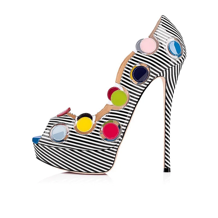 Black and White Patent Leather Platform Heels Colorful Dots Pumps |FSJ Shoes