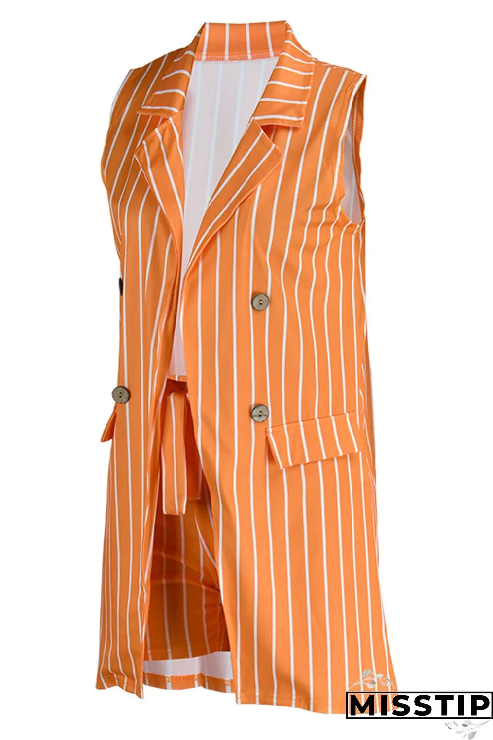 Khaki Fashion Casual Striped Print Patchwork Cardigan Turndown Collar Plus Size Two Pieces (Without T-shirt)