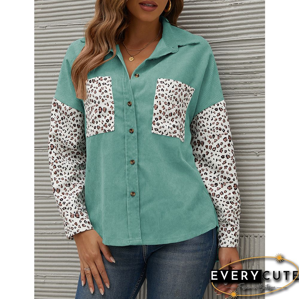Green Contrast Leopard Corduroy Button Down Shirt