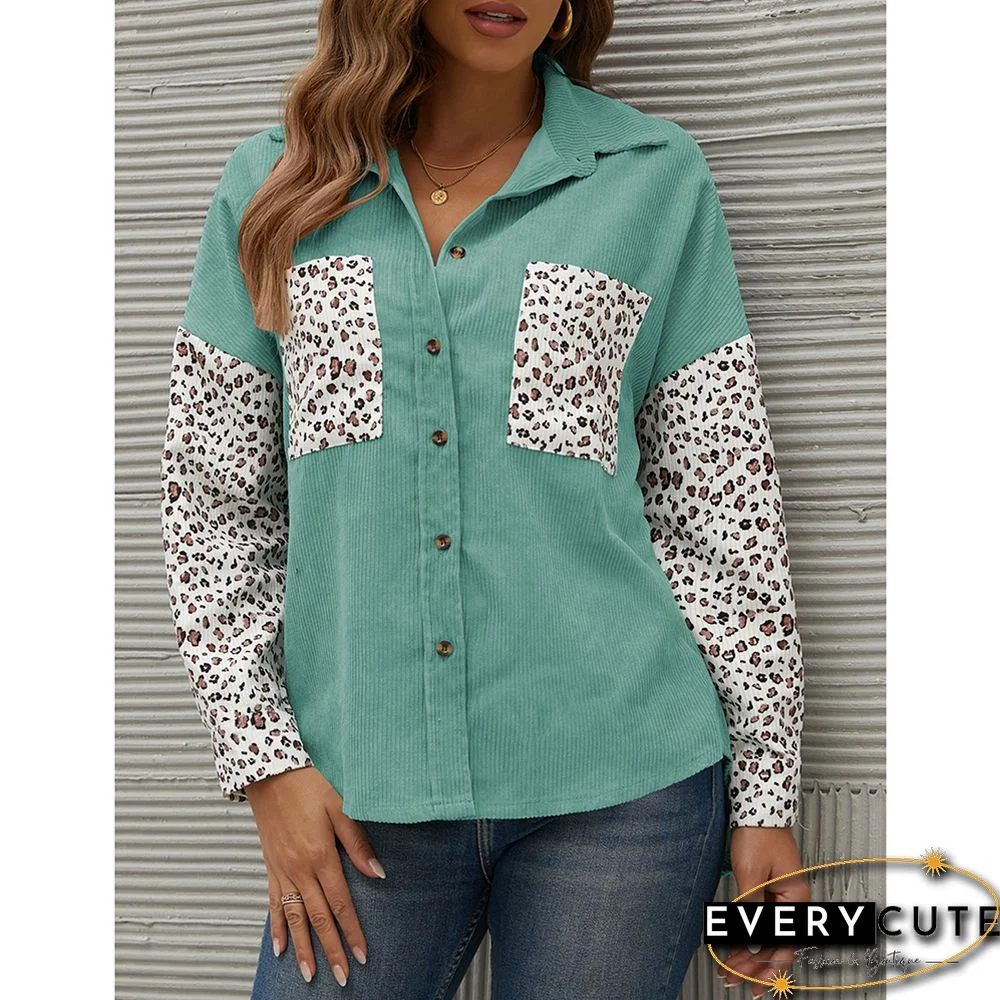 Green Contrast Leopard Corduroy Button Down Shirt