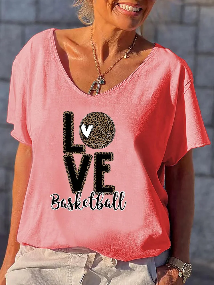 Love Basketball leopard V Neck T-shirt-Annaletters