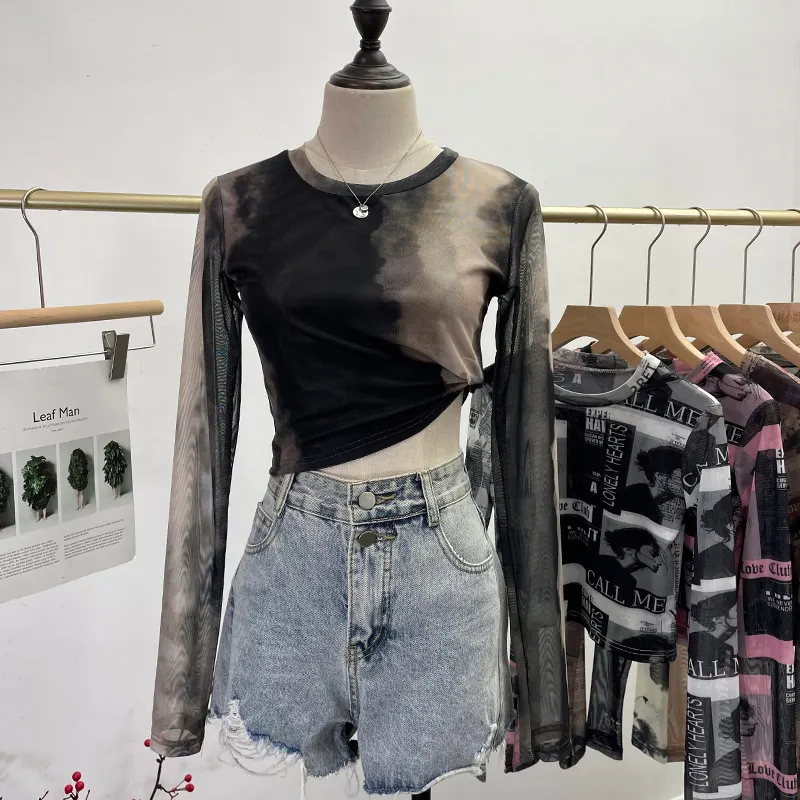 Churchf Real Shooting Front Double-Layer Tie-Dye Printing Mesh Long-Sleeved Top Short High-Waisted T-Shirt T-Shirt 8960
