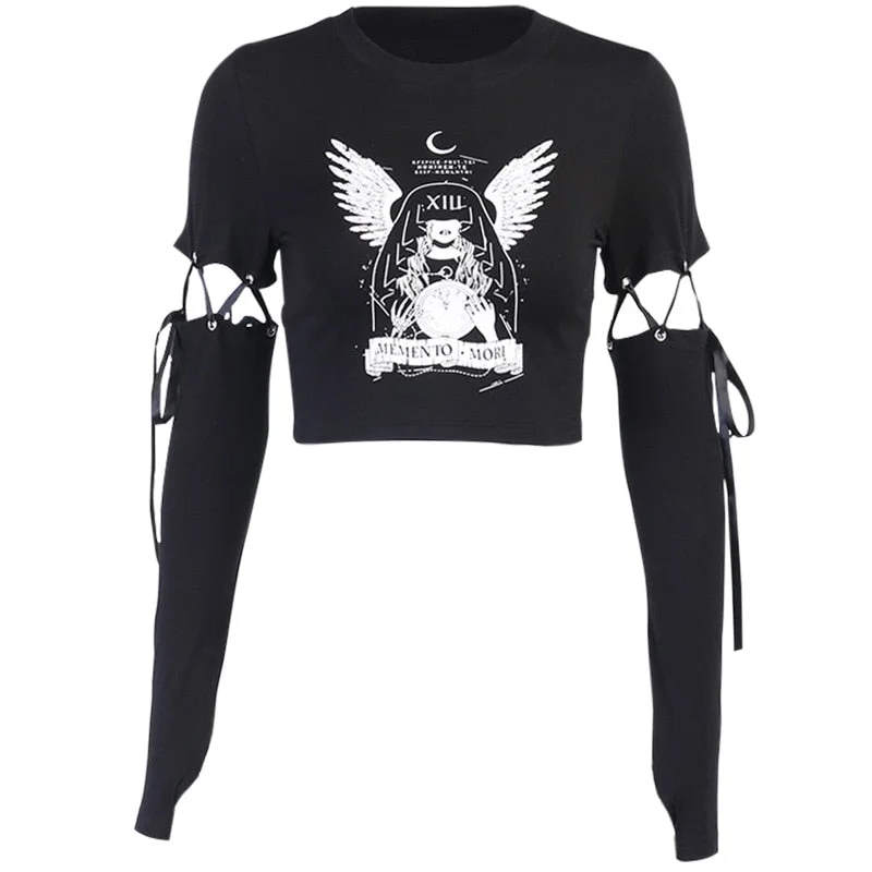 InsGoth Witch Print Black Bodycon Tops Women Gothic Harajuku Punk Patchwork Long Sleeve Slim T-shirts Fashion Autumn Female Top