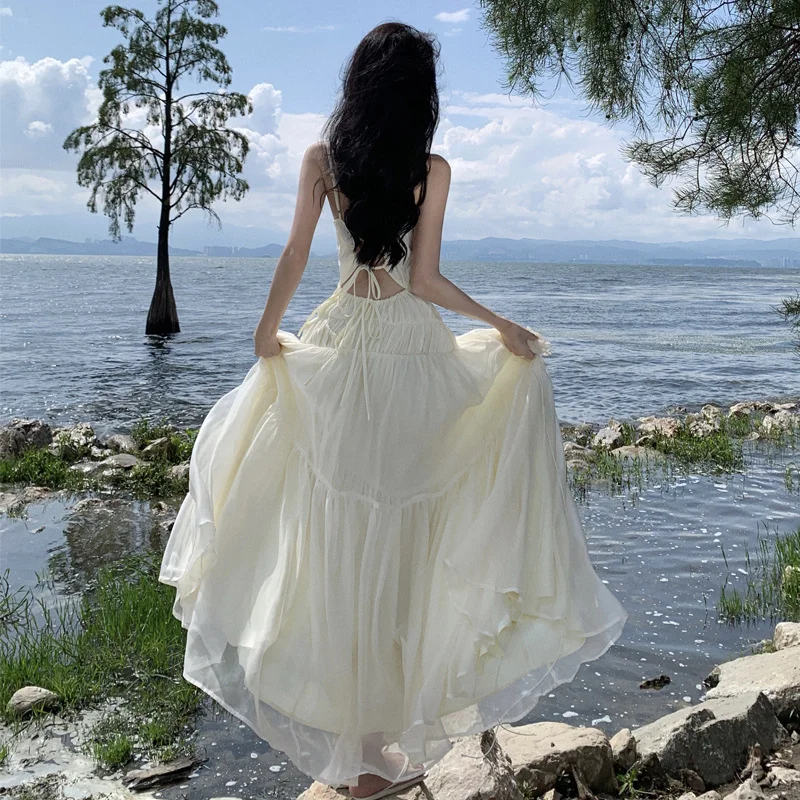 Churchf Churchf French Heavy Industry Dress With Pure Color Butterfly Sling Dress Two Color Female Sanya Vacation Dress