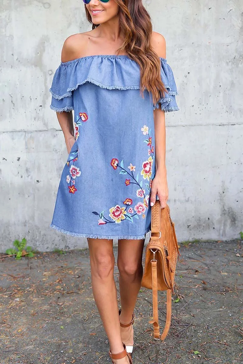 Denim Off Shoulder Embroidery Flower Loose Dress