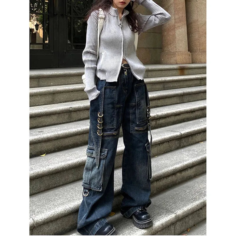 Aiertu Women's Casual Baggy Y2K Pants Wide Leg Grunge High Street Pockets Denim Trouser American Vintage High Waist Straight Jeans Aiertu