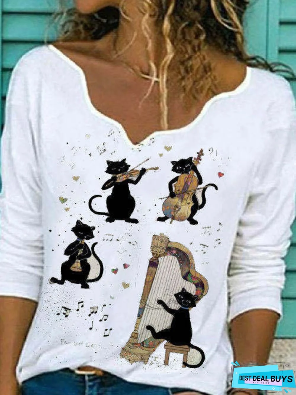 Cotton Printed Casual V Neck T-shirt