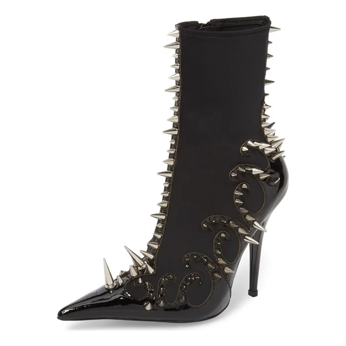Black Lycra and Patent Leather Spike Stiletto Boots Ankle Boots |FSJ Shoes