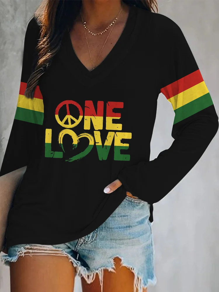 Wearshes Colorblock One Love Print Casual Long Sleeve T Shirt