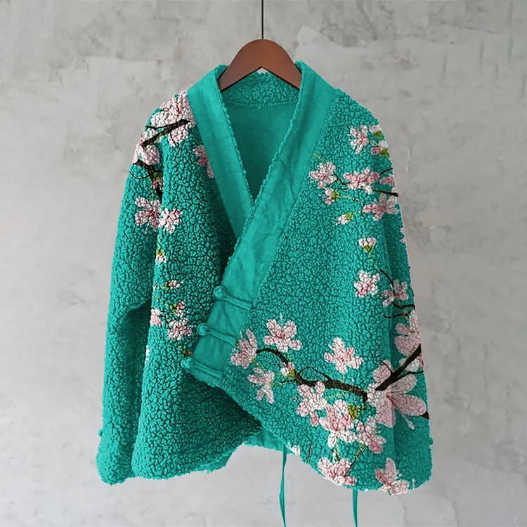 Vintage Japanese Sakura Art Pattern Plush Cardigan