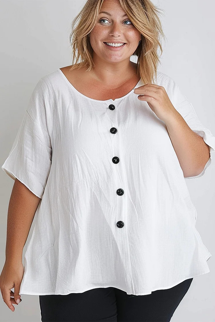 Flycurvy Plus Size Casual White Basic Linen Button Down Half Sleeve Blouse  Flycurvy [product_label]