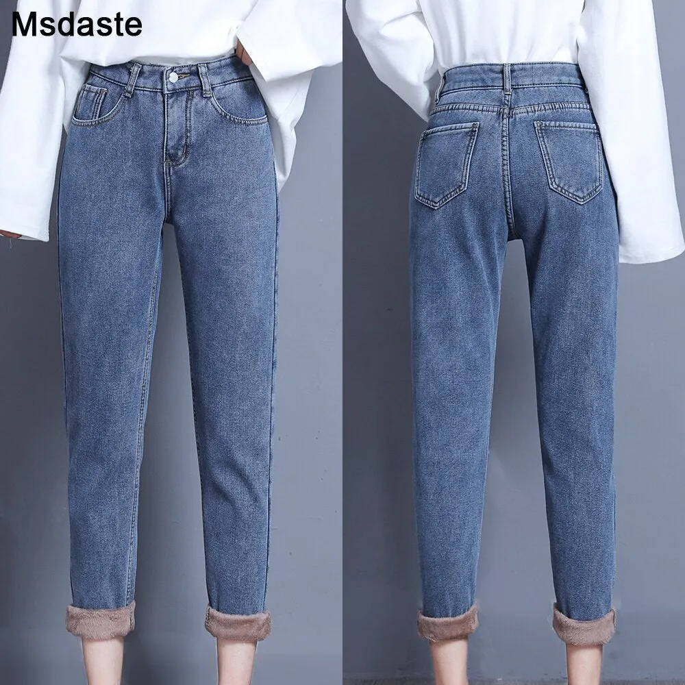 Velvet Jeans Pants For Women Winter Wear Mom Straight Denim Pants With Fleeces Ladies Thick Warm Female Pencil Denim Trousers