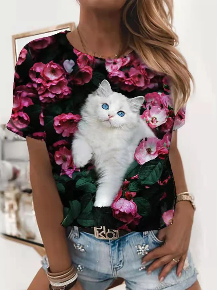 Lovely White Cat Printed Casual Tee
