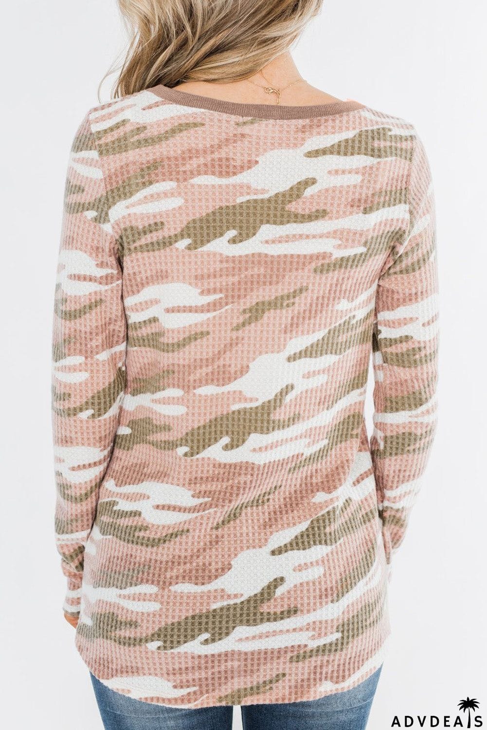 Camo Print Button Waffle Knit Long Sleeve Top