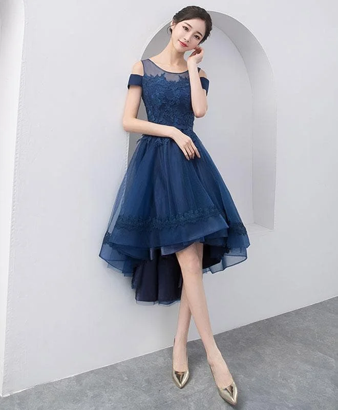Dark Blue Lace Tulle Short Prom Dress