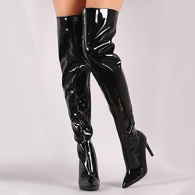 Women'S Boots Sexy Boots Over The Knee Boots Thigh High Boots Stiletto Heel Pointed Toe Casual Daily Walking Shoes Pu Zipper Solid Colored Black Silver- Fabulory
