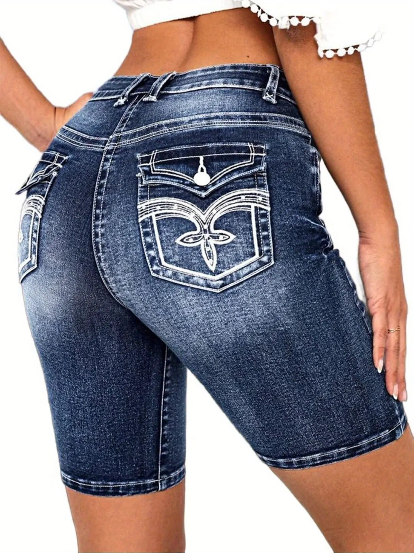 Women's High Waisted Bermuda Denim Shorts Folded Hem Elastic Waist Stretchy Jean Short