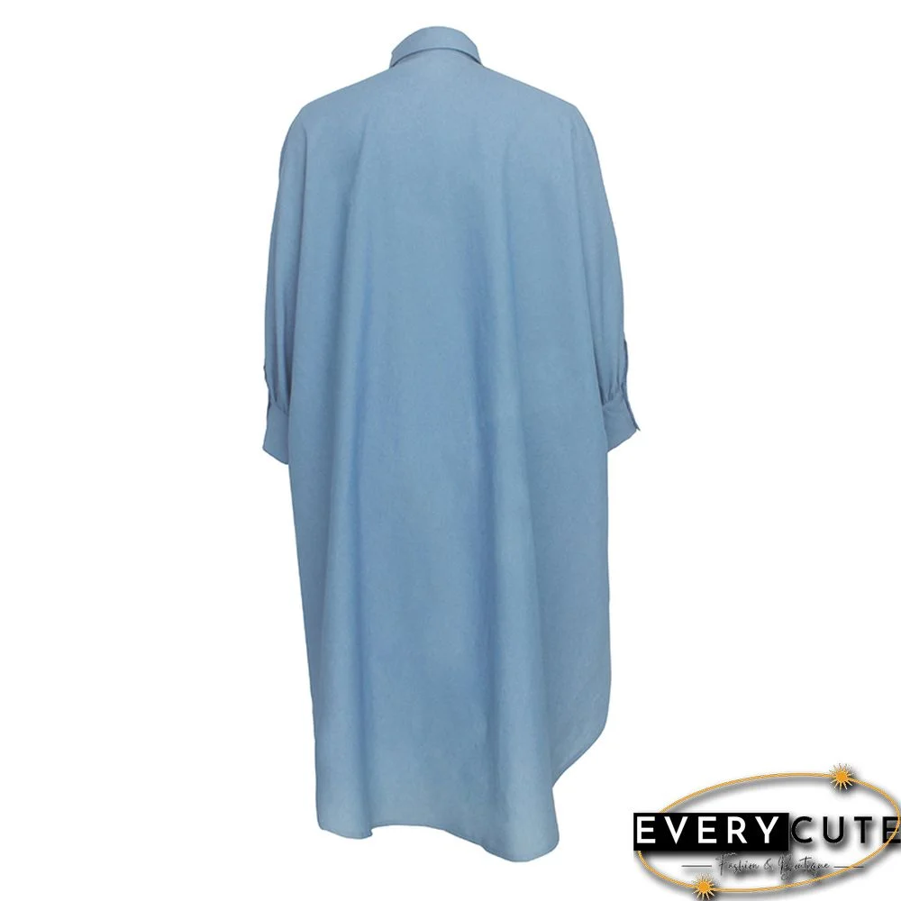 Light Blue Button Down Long Style Loose Top