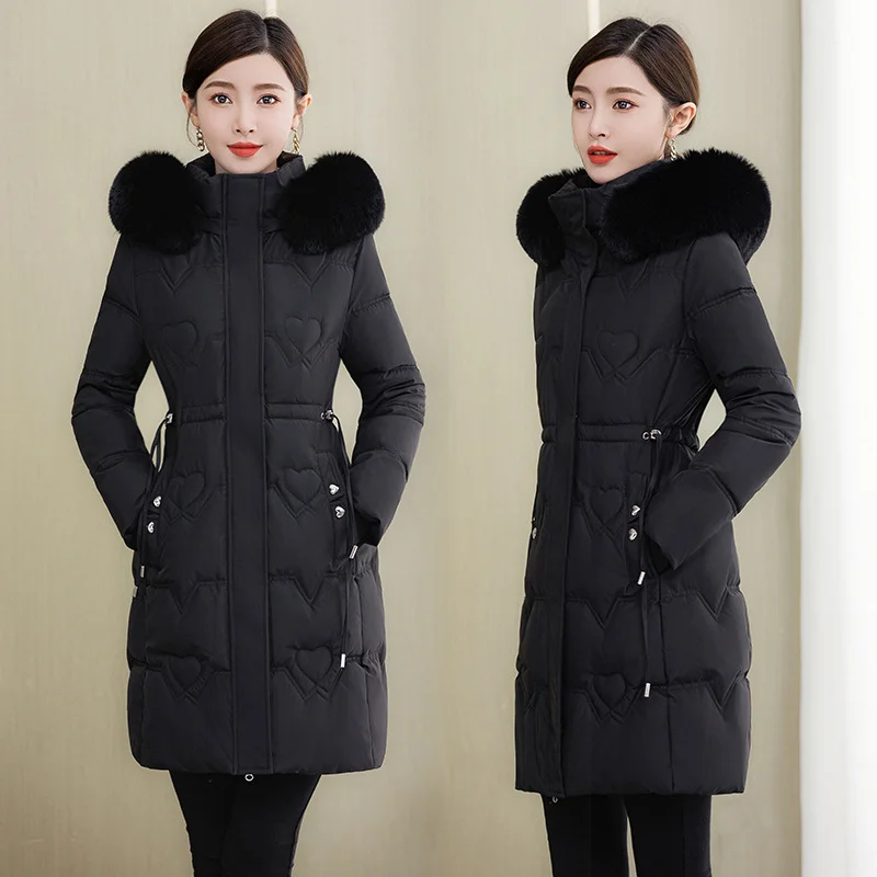 Woherb Cotton-Padded Clothes Female Medium Long Style 2024 Winter New Korean Version Slim Long Cotton-Padded Jacket Add Thick Warm Big Wool Collar Large Size Coat-Outfit Ideas
