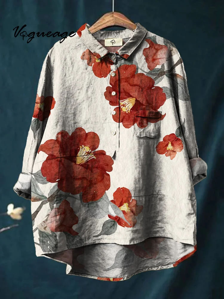 Generous Gentle And Simple Flowers Print Cotton And Linen Shirt