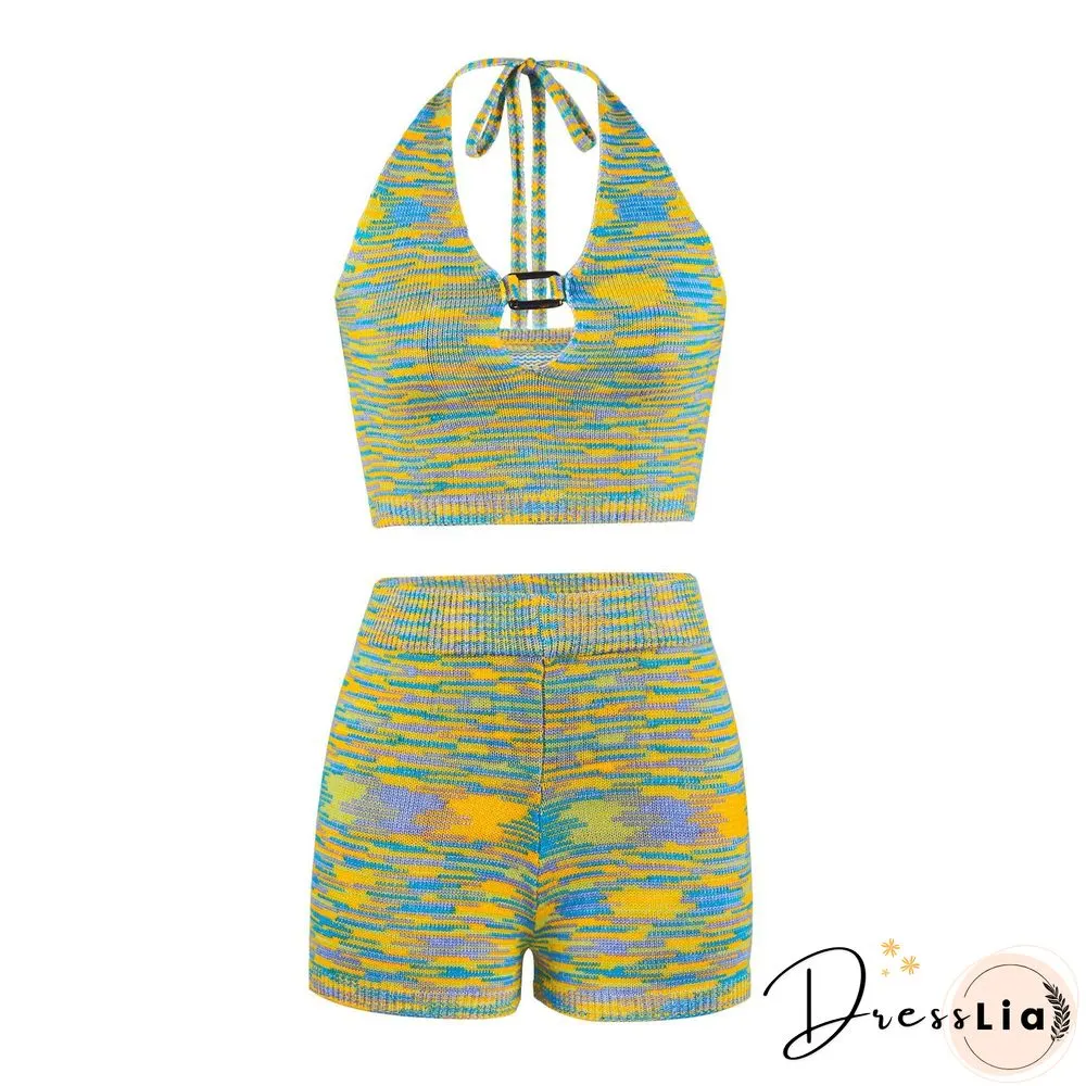 Rainbow Sexy Halter Cut Out Crop Top and Shorts Pieces Matching Set Club Fashion Outfits