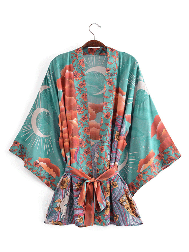 Party Green Floral Printed Short Kimono With Robe